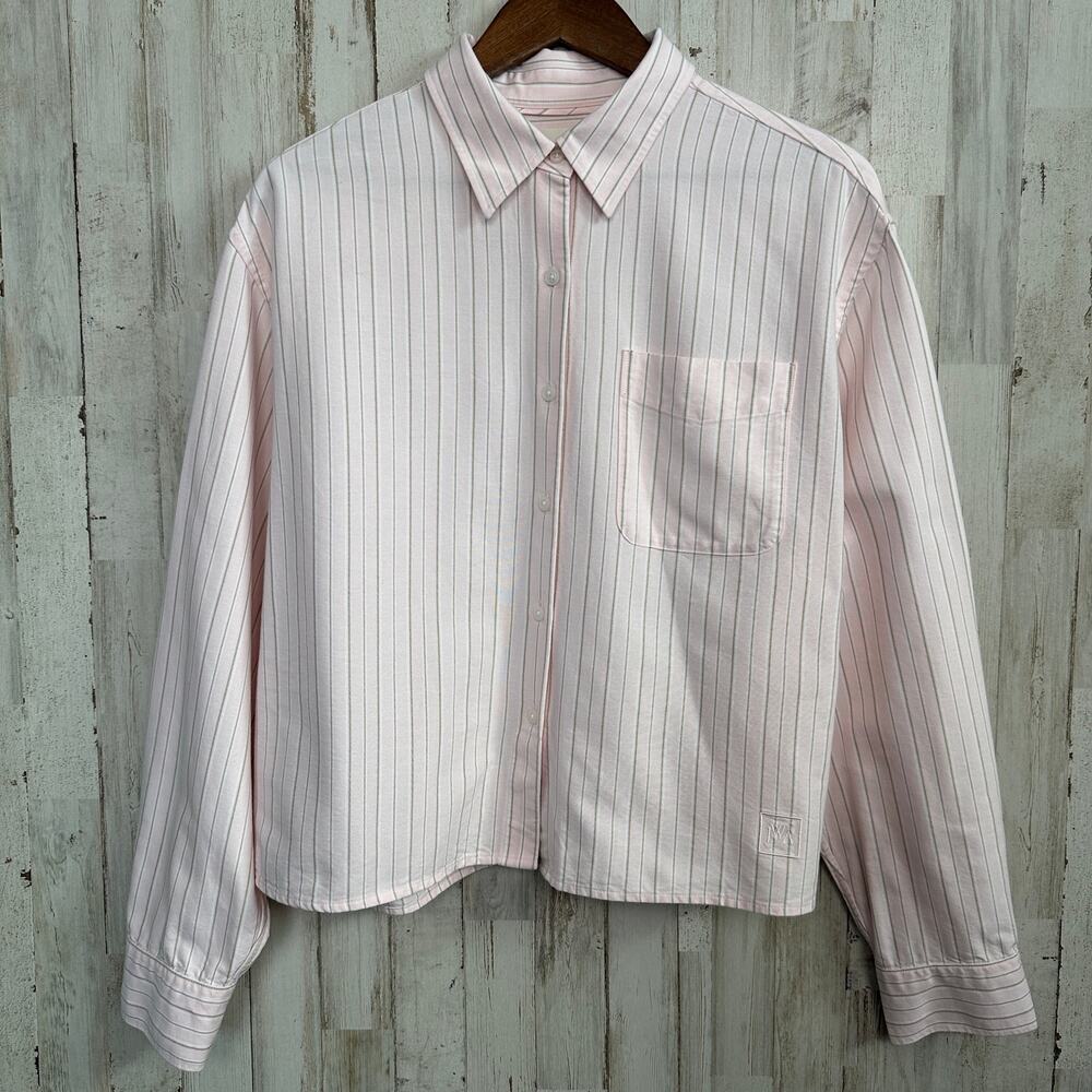 JW Anderson Uniqlo Oxford Boxy Shirt XL Pink Gray White Stripe Preppy Street EUC